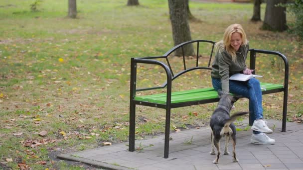 Blond kobieta w parku karmienia bezpański pies kundel — Wideo stockowe
