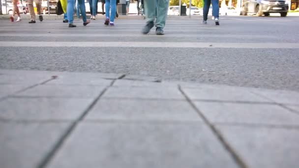 Paso peatonal. La gente cruza la calle. pies caminando sobre el pavimento . — Vídeo de stock