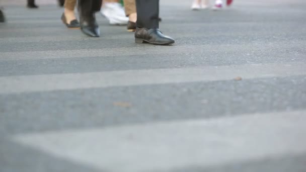 Foten övergångsställe. Personer över vägen. fötter som går på trottoaren. — Stockvideo