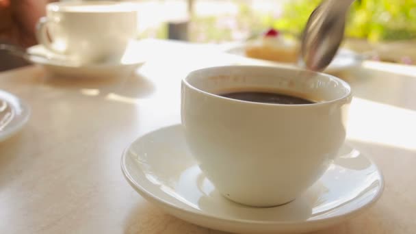 Hand dampende kop zwarte koffie roeren. koffiehuis — Stockvideo