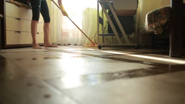 Vrouw maakt schoonmaken. meisje reiniging van de vloer dweilen. reiniging — Stockvideo