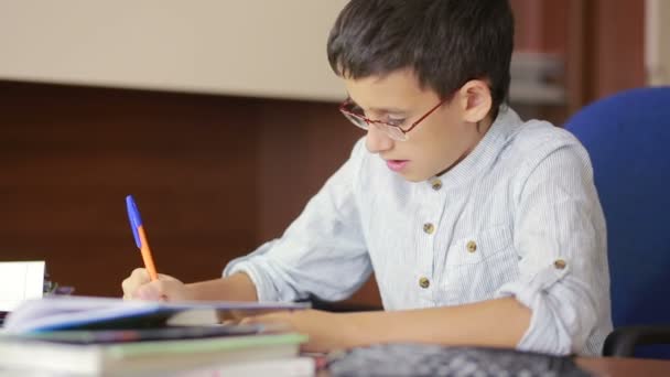 Kind schreibt Hausaufgaben. das Kind hat Naturwissenschaften studiert — Stockvideo