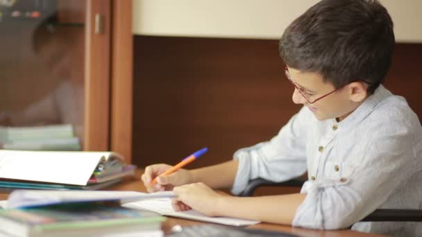 Child writes homework. the child has been studying science — Stock Video