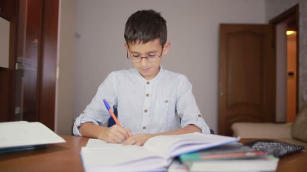 Niño escribe la tarea. el niño ha estado estudiando ciencia — Vídeos de Stock