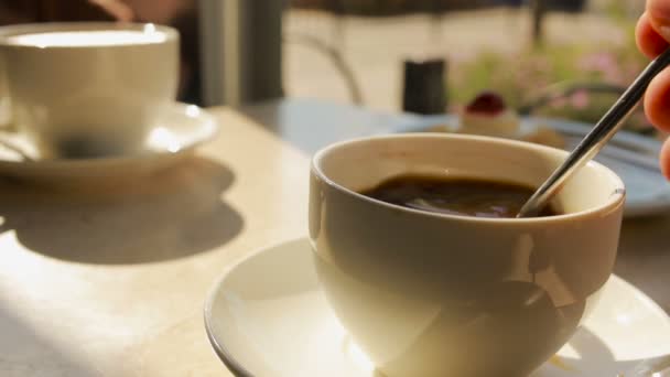 Hand dampende kop zwarte koffie roeren. koffiehuis — Stockvideo