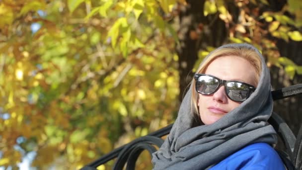 Vakker kvinne i solbriller som sitter på benken i høstparken. Gule blader – stockvideo