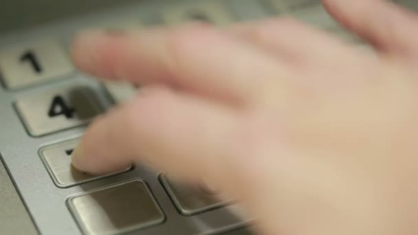 Man hand touching ATM machine. gaining password. — Stock Video