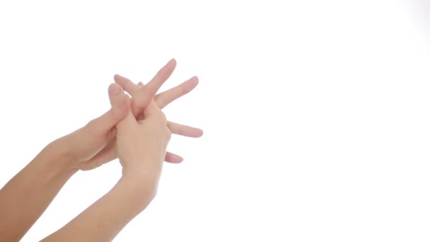 Female hands isolated on white. hand gestures — Stock video