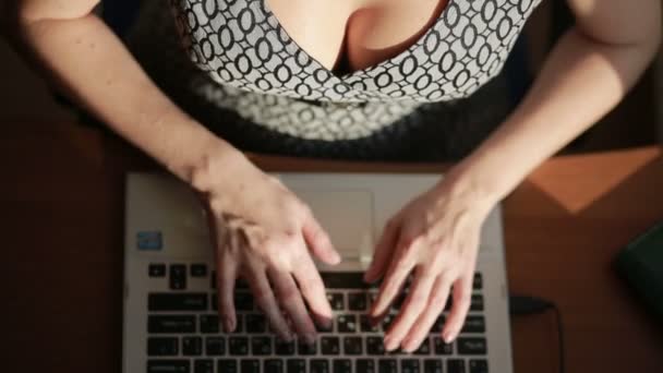胸部丰满的性感业务女人工作的笔记本电脑。顶视图 — 图库视频影像