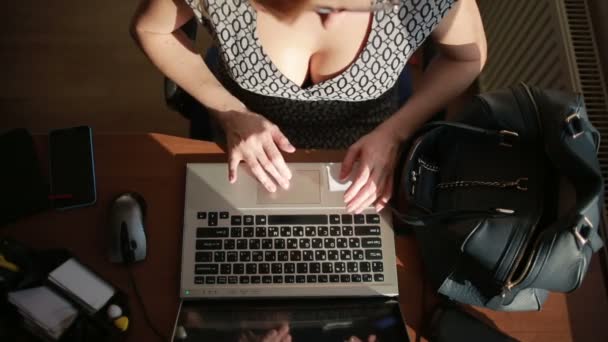 Mujer de negocios sexy tetona que trabaja para un ordenador portátil. vista superior — Vídeos de Stock