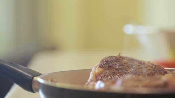 Piece of roast beef. steaming — Stock Video