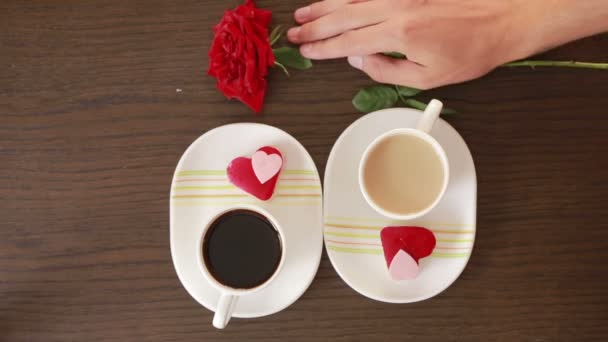 男と女、日カフェに。コーヒーを飲むとケーキ。花を与える — ストック動画