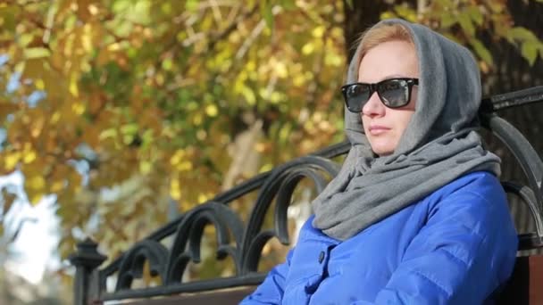 Belle femme en lunettes de soleil assise sur le banc dans le parc d'automne. Feuilles jaunes — Video