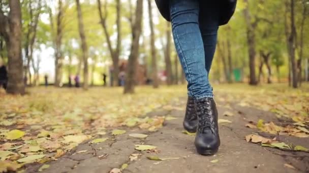 Mujer caminando a través de hojas. otoño Parque — Vídeo de stock