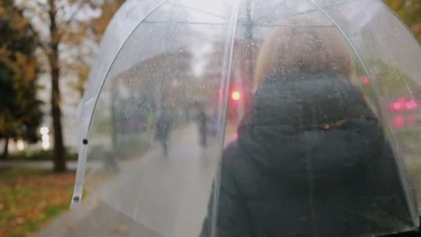 Mädchen im Regen mit Regenschirm. Herbst Frau geht die Straße hinunter — Stockvideo