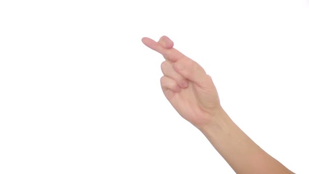 Buena suerte símbolo dedos cruzado mano humana en blanco recorte camino — Vídeo de stock