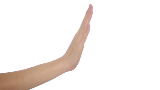 Женский знак стоп-рука на белом фоне — стоковое видео