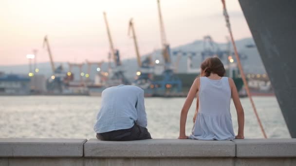 Bruder und Schwester schauen sich Schiffe im Hafen an, springen hinunter — Stockvideo