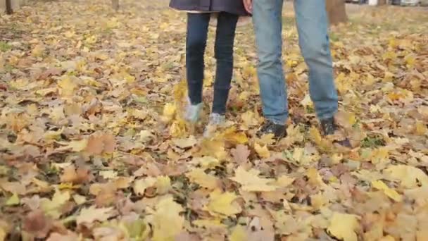 Děti hrají v podzimním parku — Stock video