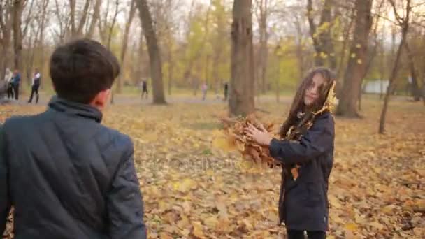 Niños jugando en el parque de otoño — Vídeo de stock