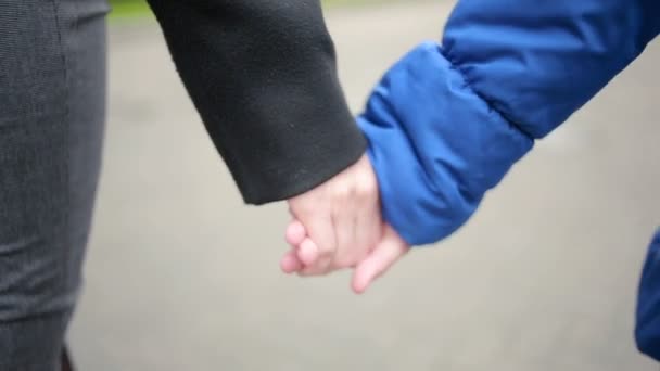 母亲和女儿走在街上。寒冷的秋天。手拉着手 — 图库视频影像