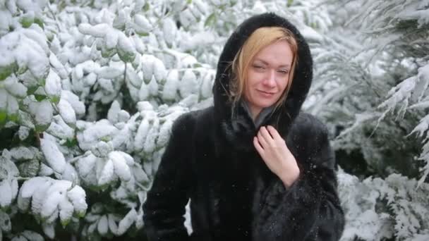 冬公園の背景にスタイリッシュなミンクのコートの若い美しい女性 — ストック動画