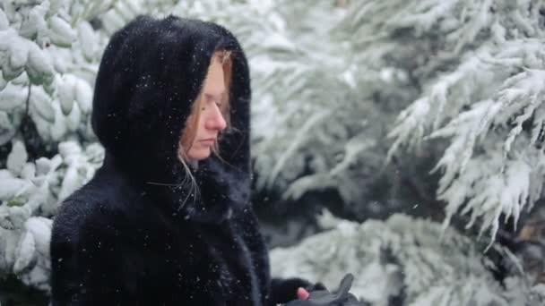 Młoda piękna kobieta w stylowe futro z norek na tle parku zimowych — Wideo stockowe