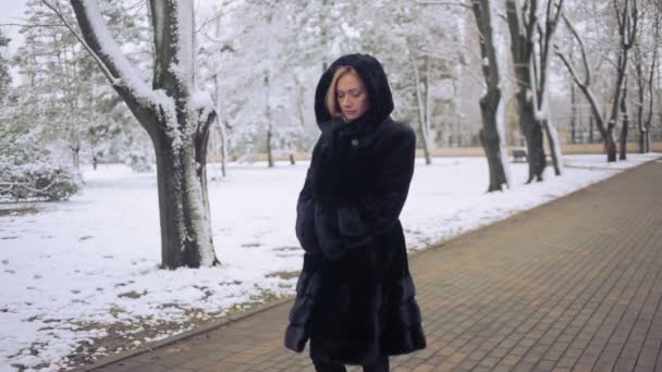 Joven hermosa mujer en abrigo de visón con estilo sobre un fondo de un parque de invierno — Vídeo de stock