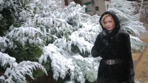 冬公園の背景にスタイリッシュなミンクのコートの若い美しい女性 — ストック動画