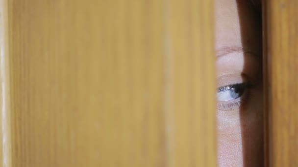 Chica espía a través de una grieta de la puerta. Ojo mirando a través de una rendija — Vídeos de Stock