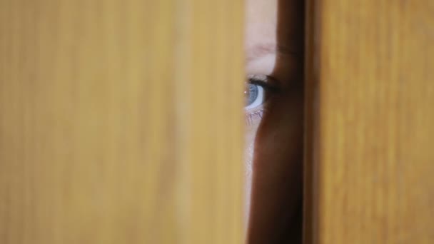 Girl Spies Through A Door Crack Eye Looking Through A Slit