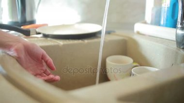 Kadın plaka mutfak lavaboda yıkama. Bayan eller