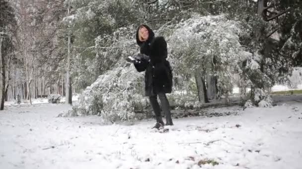 Joven hermosa mujer en abrigo de visón con estilo sobre un fondo de un parque de invierno — Vídeo de stock