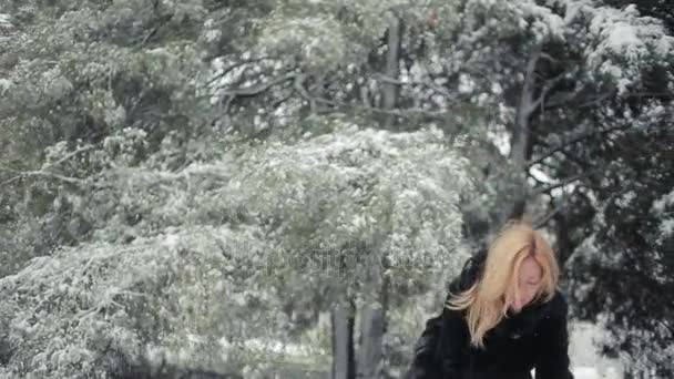 Mooie jongedame in stijlvolle nerts jas op een achtergrond van een winter park — Stockvideo