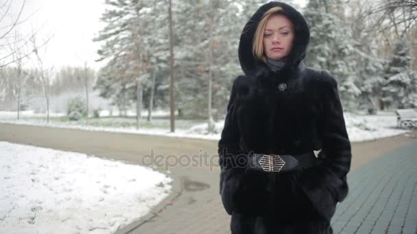 Joven hermosa mujer en abrigo de visón con estilo sobre un fondo de un parque de invierno — Vídeos de Stock