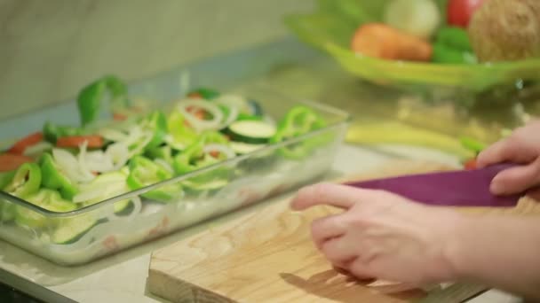 Main avec un couteau légumes coupés pour la friture — Video