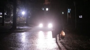 kadın bir bavul ve bir çanta ile karanlık bahçesinde gider