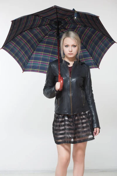 Female with black umbrella, full length, white background — Stock Photo, Image