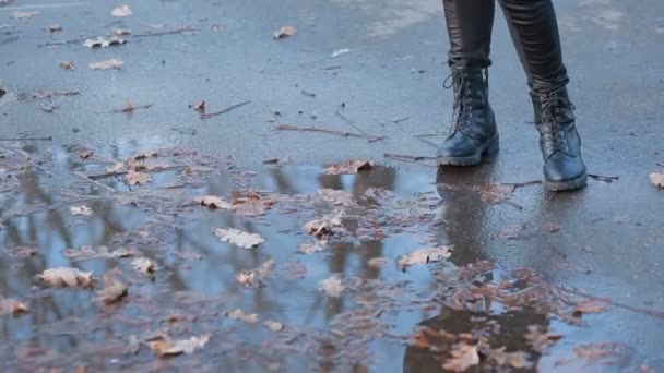 Chica con botas de combate negro salpicando en un charco después de la lluvia — Vídeo de stock