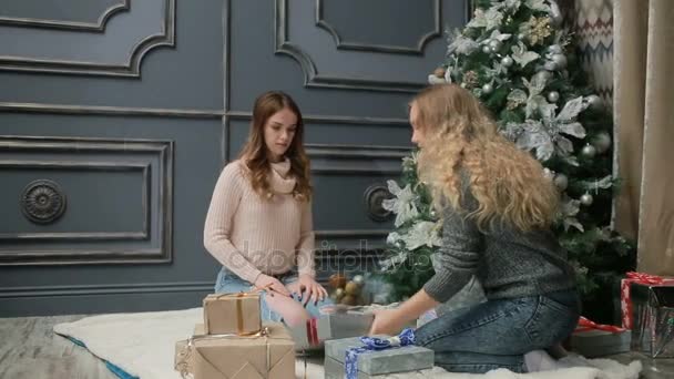 Dos mujeres jóvenes en suéteres de punto sentadas en la piel cerca del árbol de Año Nuevo — Vídeos de Stock