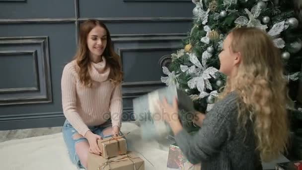 Zwei junge Frauen in Strickpullovern sitzen auf dem Pelz neben dem Neujahrsbaum — Stockvideo