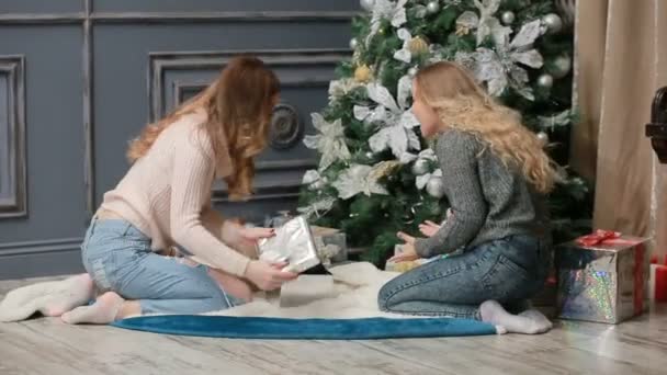 Dos mujeres jóvenes en suéteres de punto sentadas en la piel cerca del árbol de Año Nuevo — Vídeo de stock