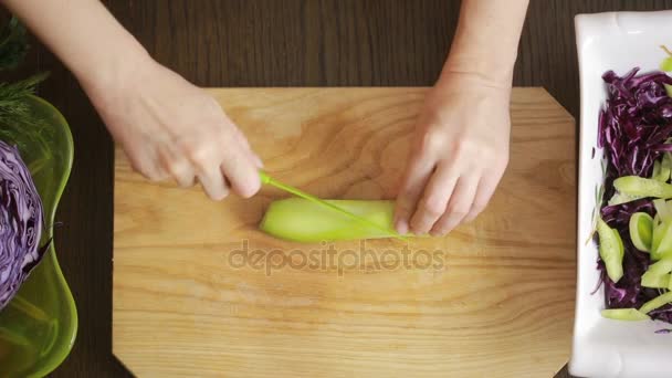 Dames handen met een mes gesneden rode kool salade. gesneden komkommer — Stockvideo