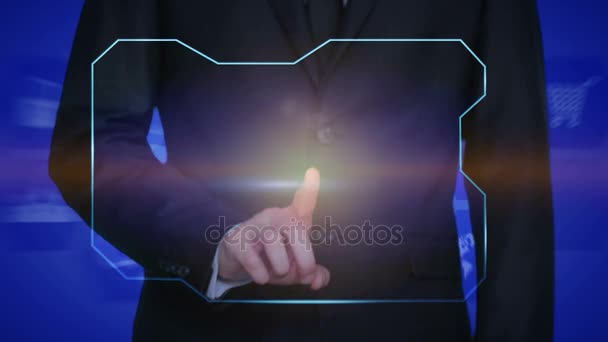 Επιχειρηματίας χέρι πιέζοντας ένα κουμπί εικονική αναζήτησης στην εικονική οθόνη. — Αρχείο Βίντεο