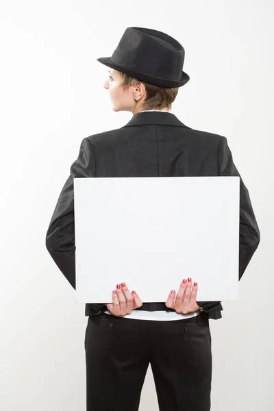 Muestra de mujer de negocios, pancarta con espacio para copias . — Foto de Stock