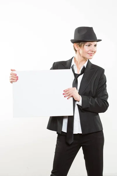 Muestra de mujer de negocios, pancarta con espacio para copias . —  Fotos de Stock