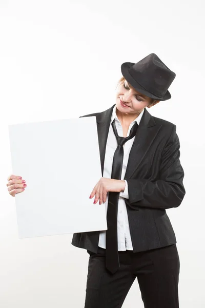 Muestra de mujer de negocios, pancarta con espacio para copias . — Foto de Stock