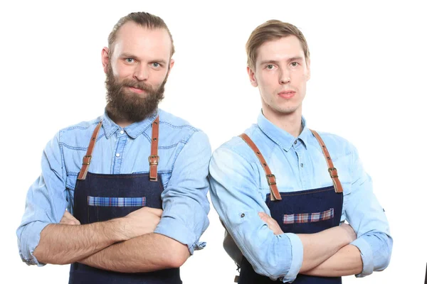 Two bartender on white background. behind the bar — Stock Photo, Image