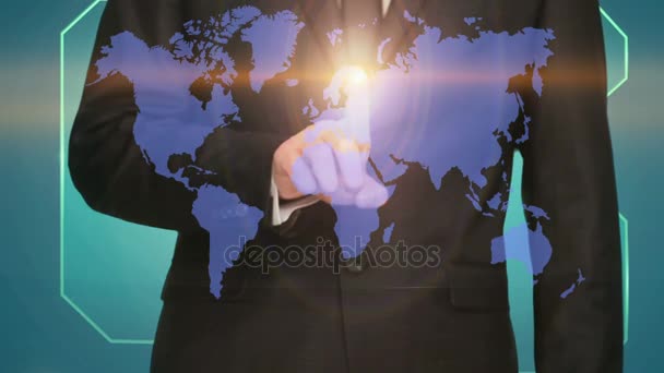 Прикосновение руки к виртуальной иконке социальной сети. Изображение побольше. Карта мира — стоковое видео