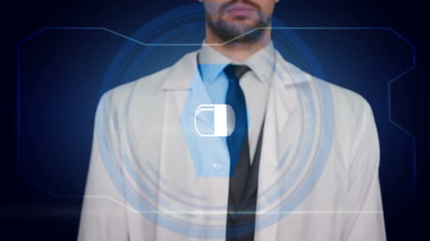 Ιατρός που πιέζει ένα μπλε εικονίδιο πάνω από το μπλε φόντο. Κάψουλα σύριγγα σταγόνα — Αρχείο Βίντεο